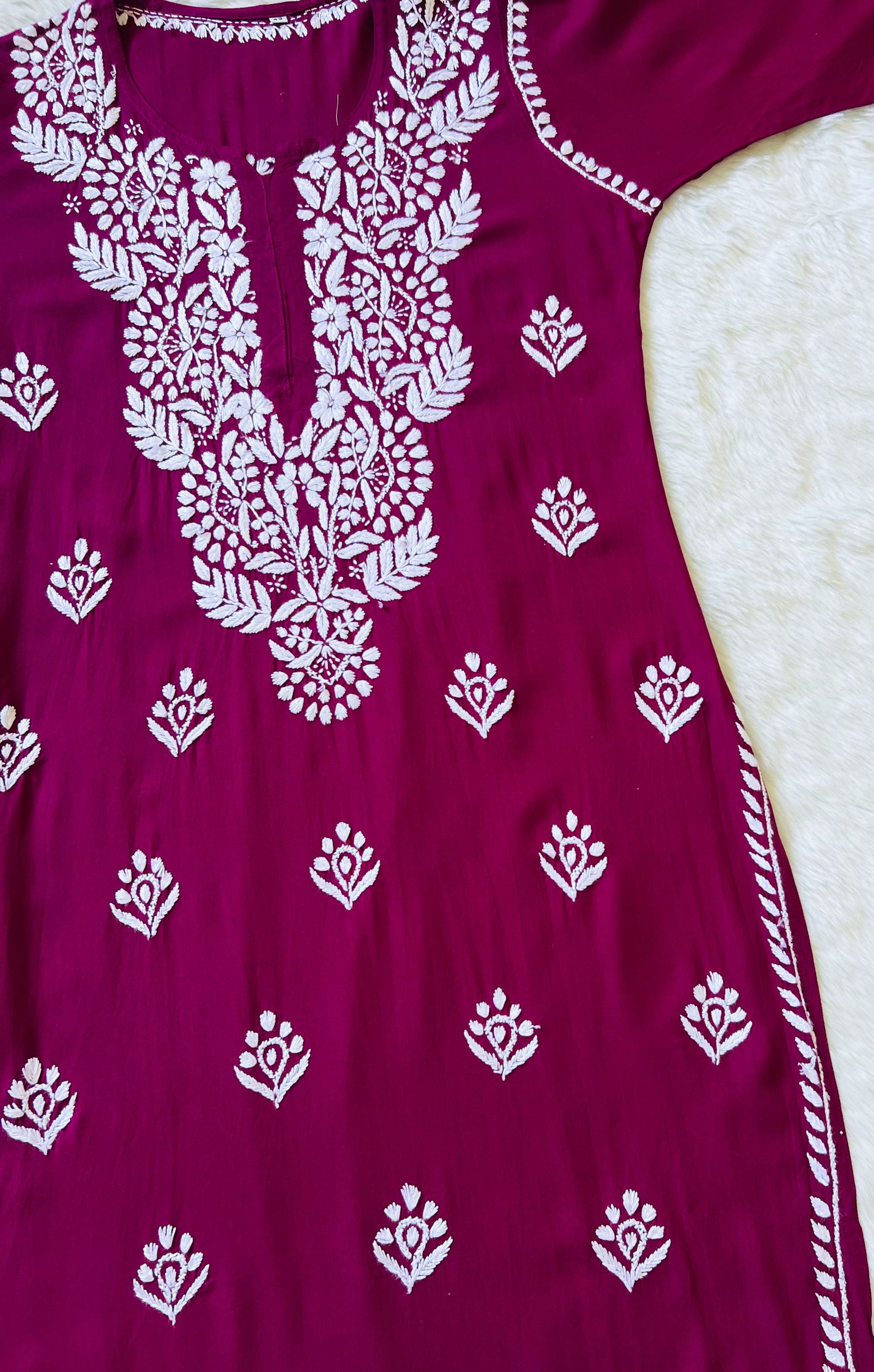Mahi Magenta Long Rayon Chikankari Kurta