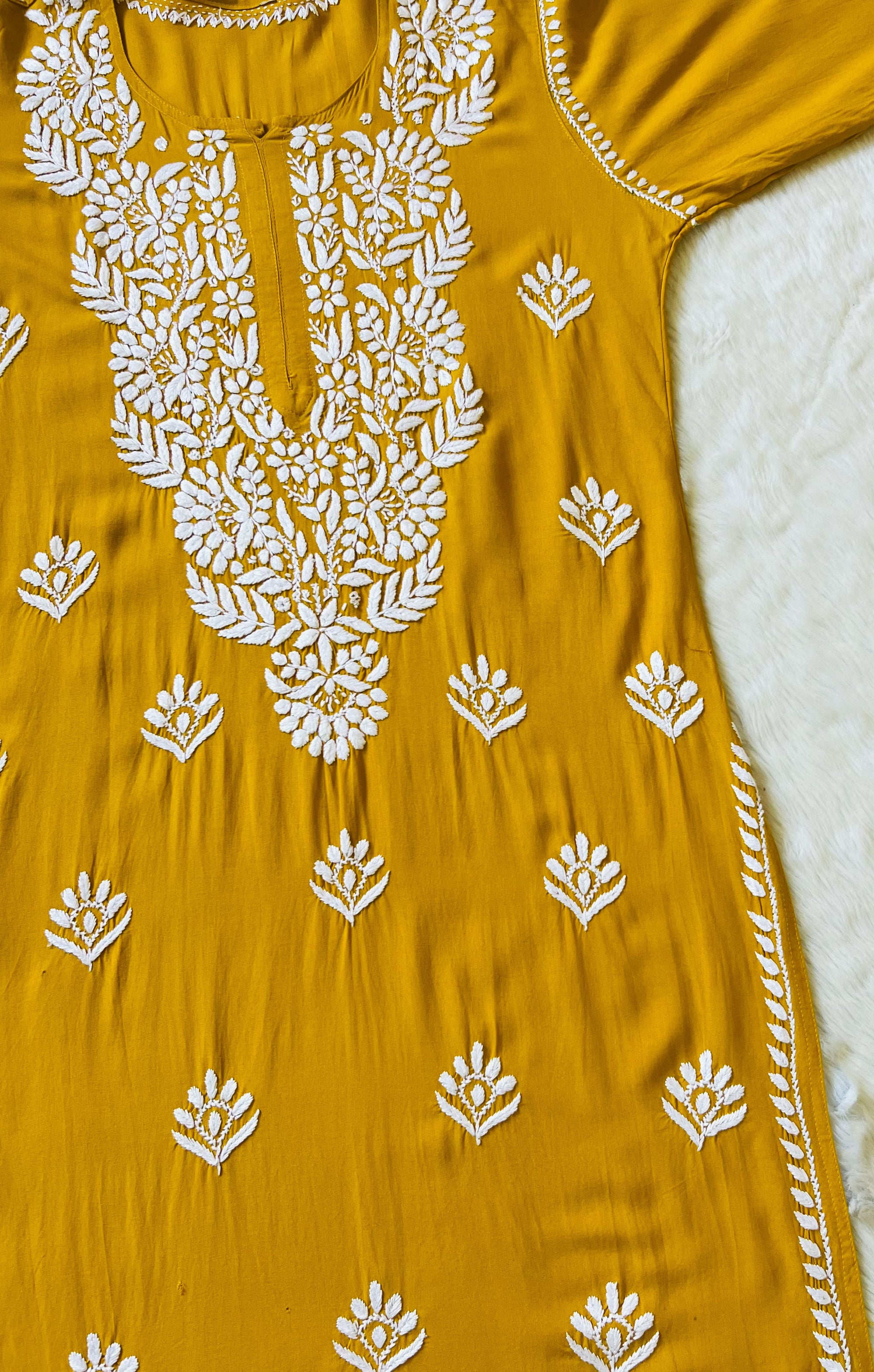 Mahi Mustard Long Rayon Chikankari Kurta