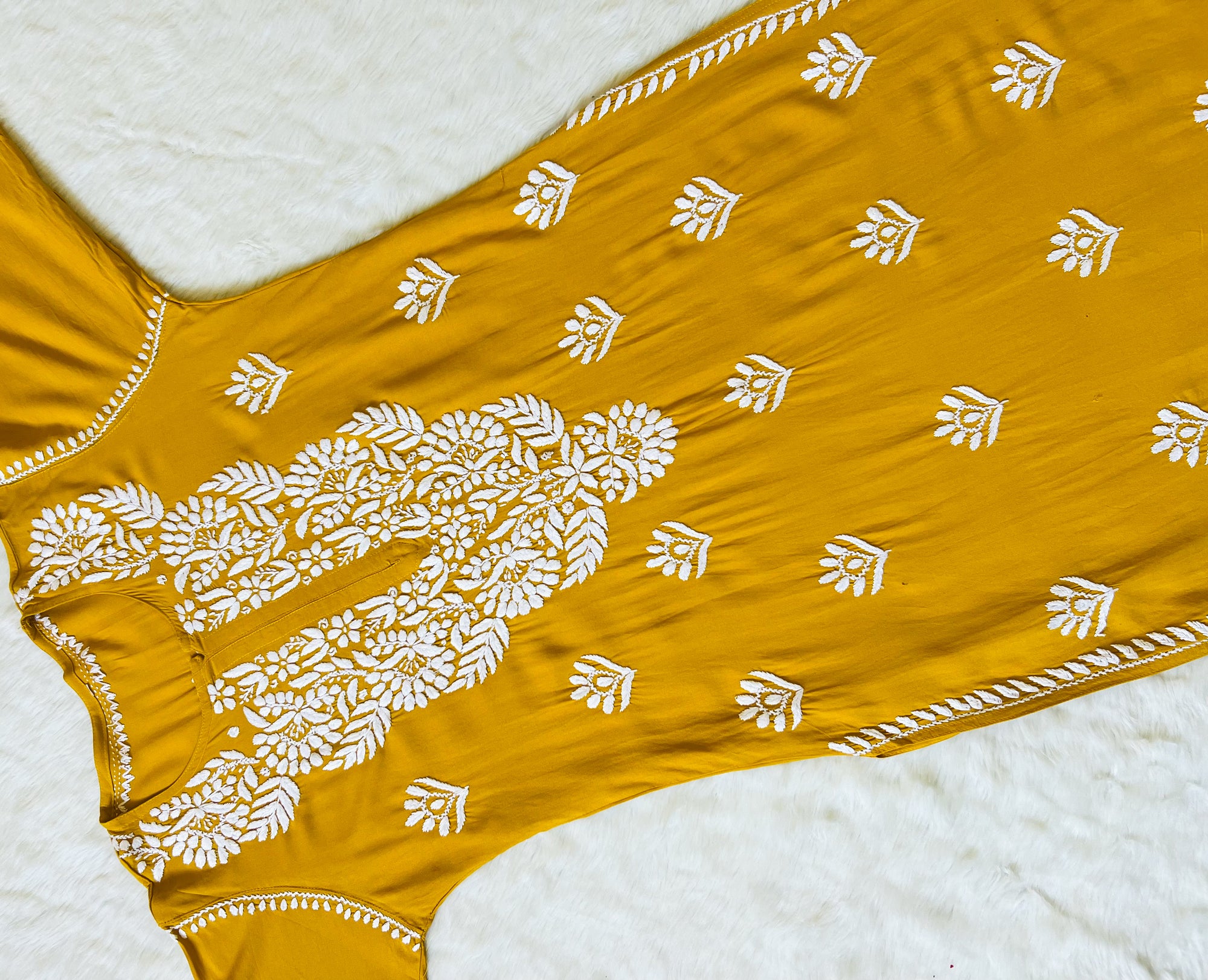 Mahi Mustard Long Rayon Chikankari Kurta