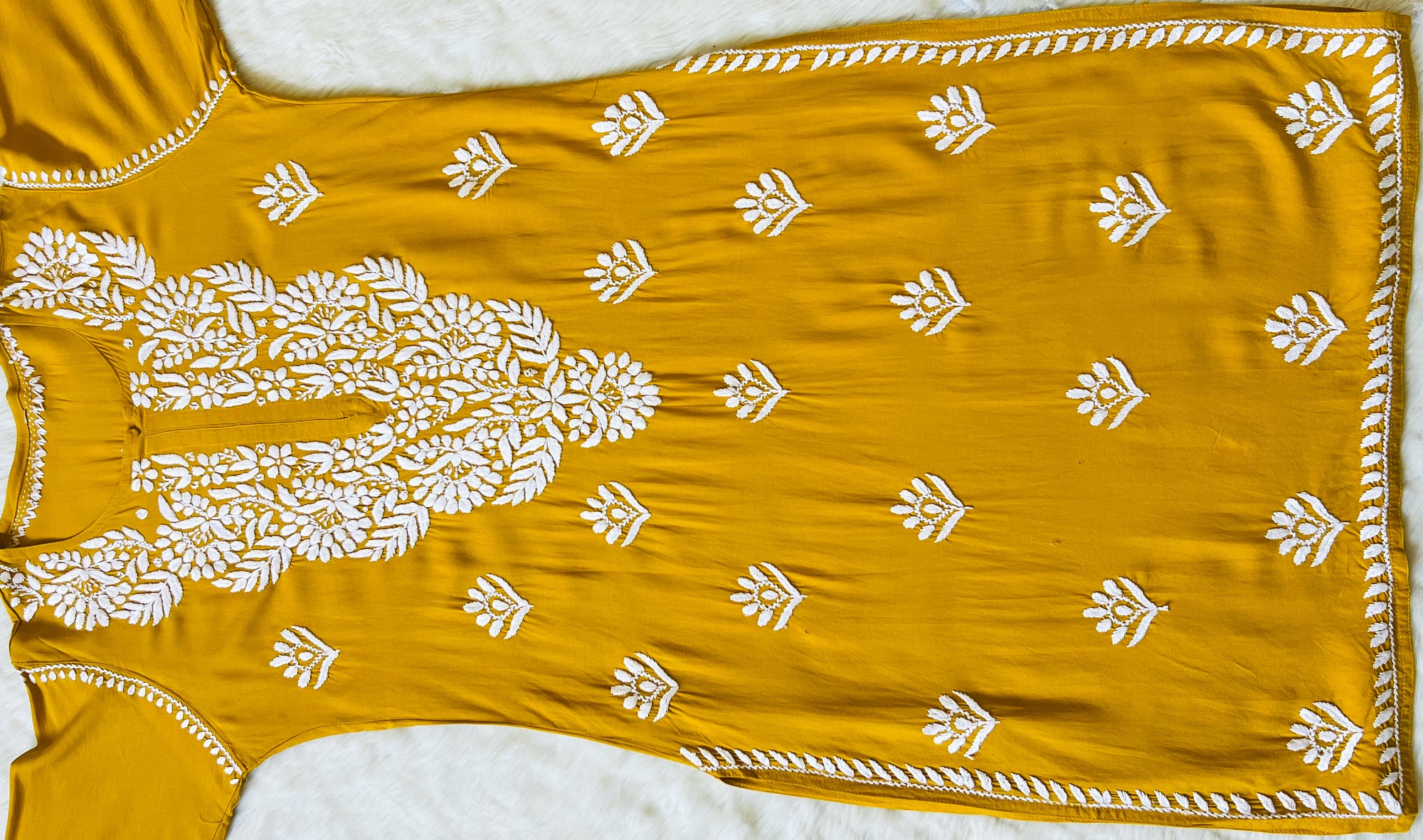 Mahi Mustard Long Rayon Chikankari Kurta