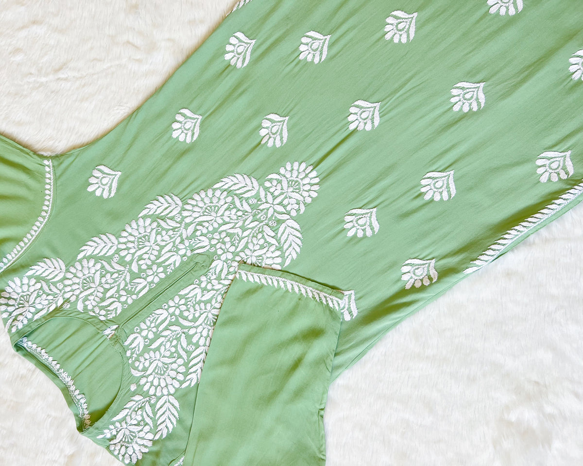 Mahi Pastel Green Long Rayon Chikankari Kurta