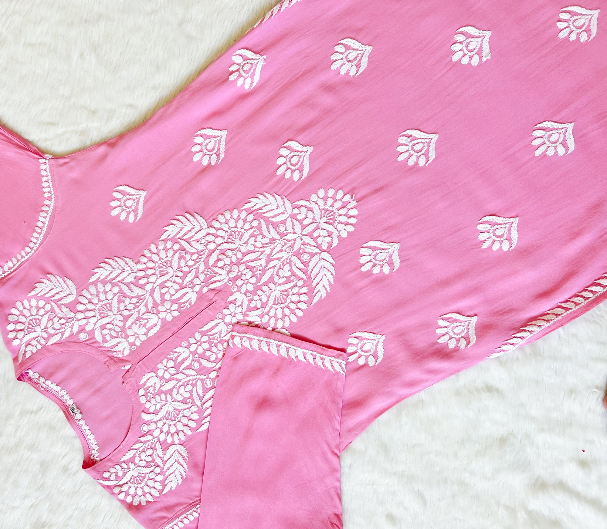 Mahi Pink Long Rayon Chikankari Kurta