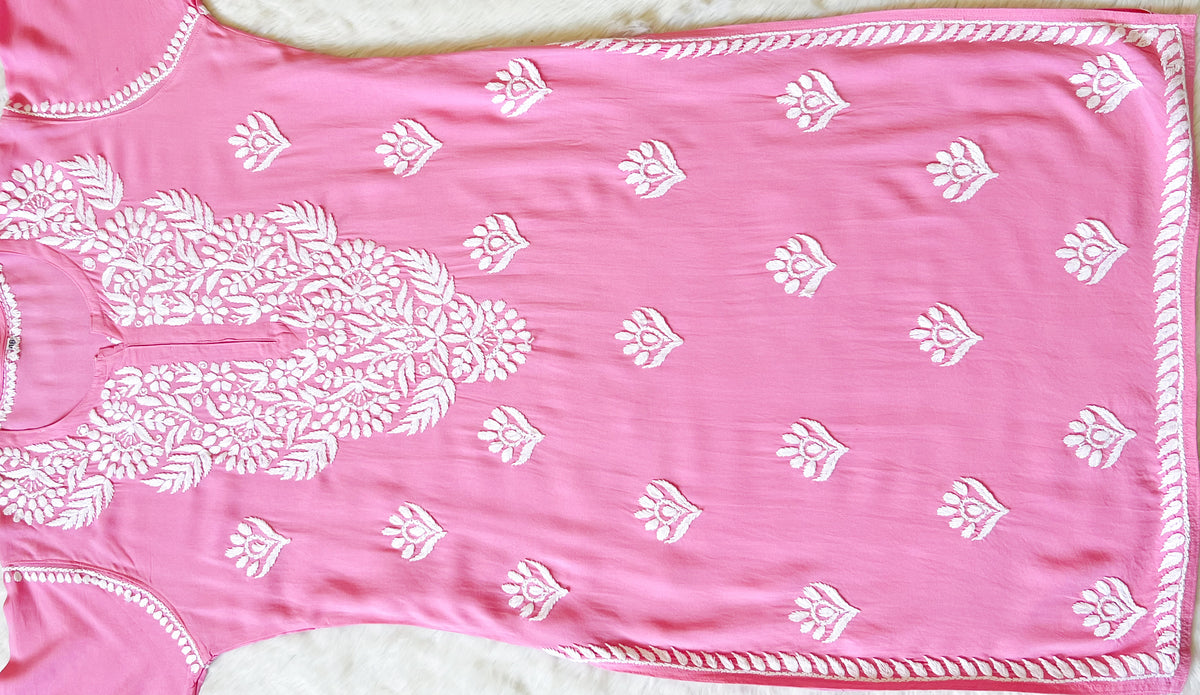 Mahi Pink Long Rayon Chikankari Kurta