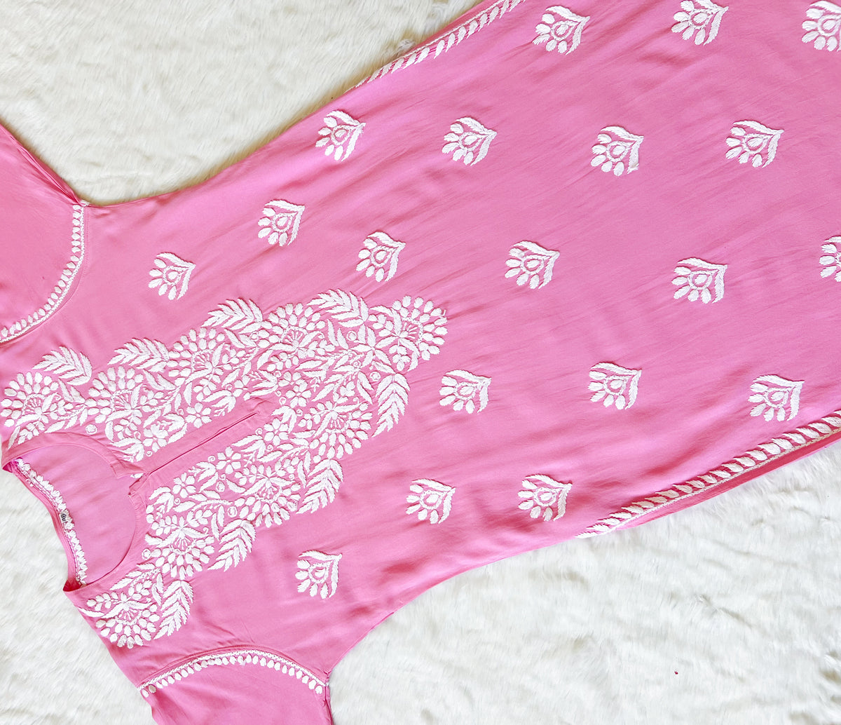 Mahi Pink Long Rayon Chikankari Kurta