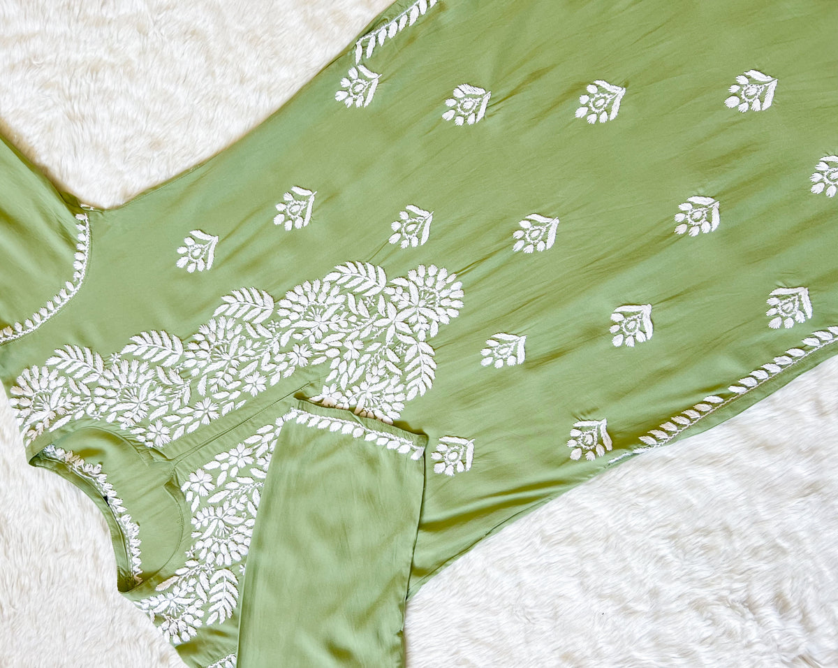 Mahi Pista Green Long Rayon Chikankari Kurta