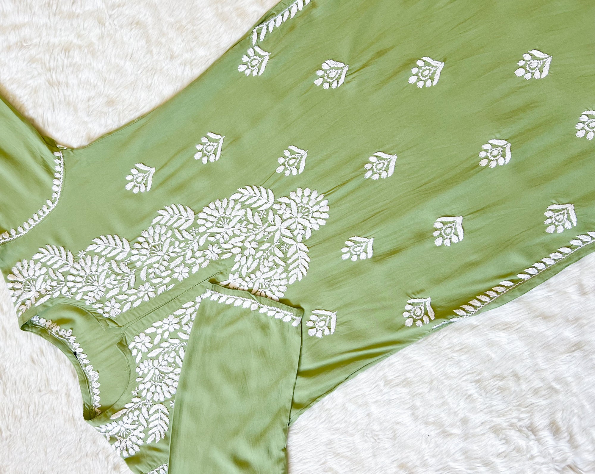 Mahi Pista Green Long Rayon Chikankari Kurta