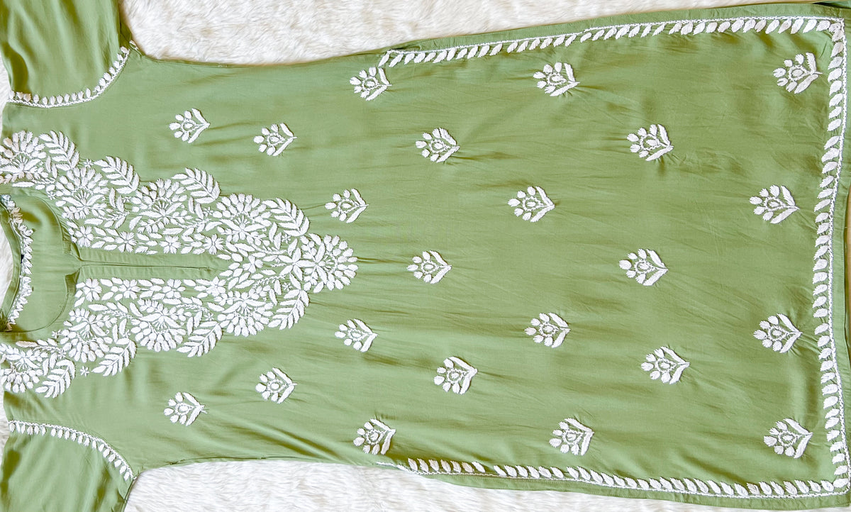 Mahi Pista Green Long Rayon Chikankari Kurta