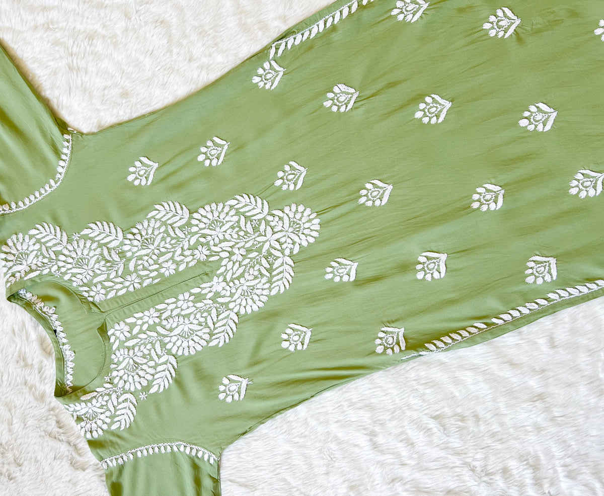 Mahi Pista Green Long Rayon Chikankari Kurta