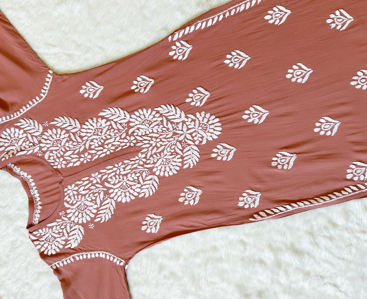 Mahi Rose Brown Long Rayon Chikankari Kurta