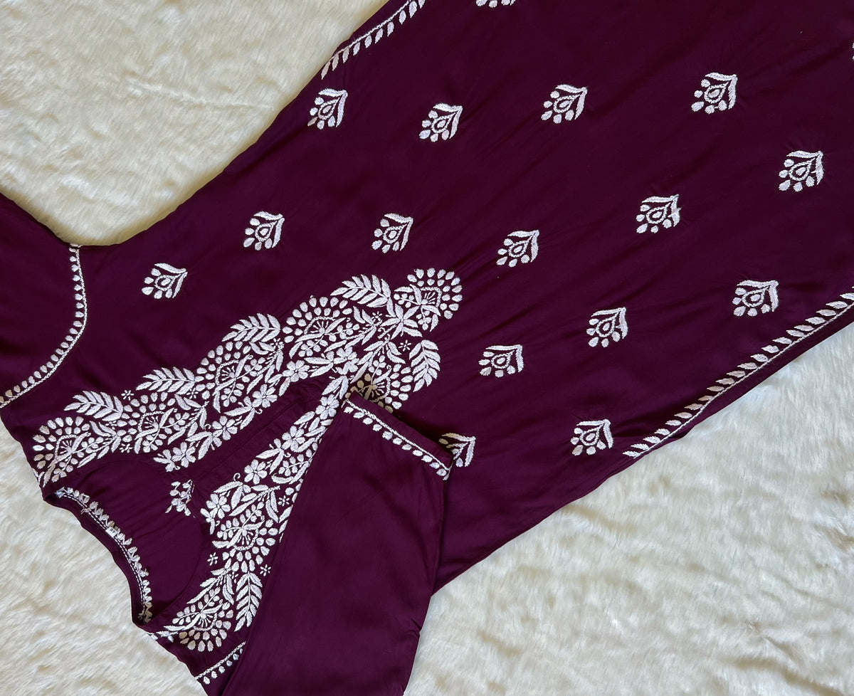 Mahi Wine Long Rayon Chikankari Kurta