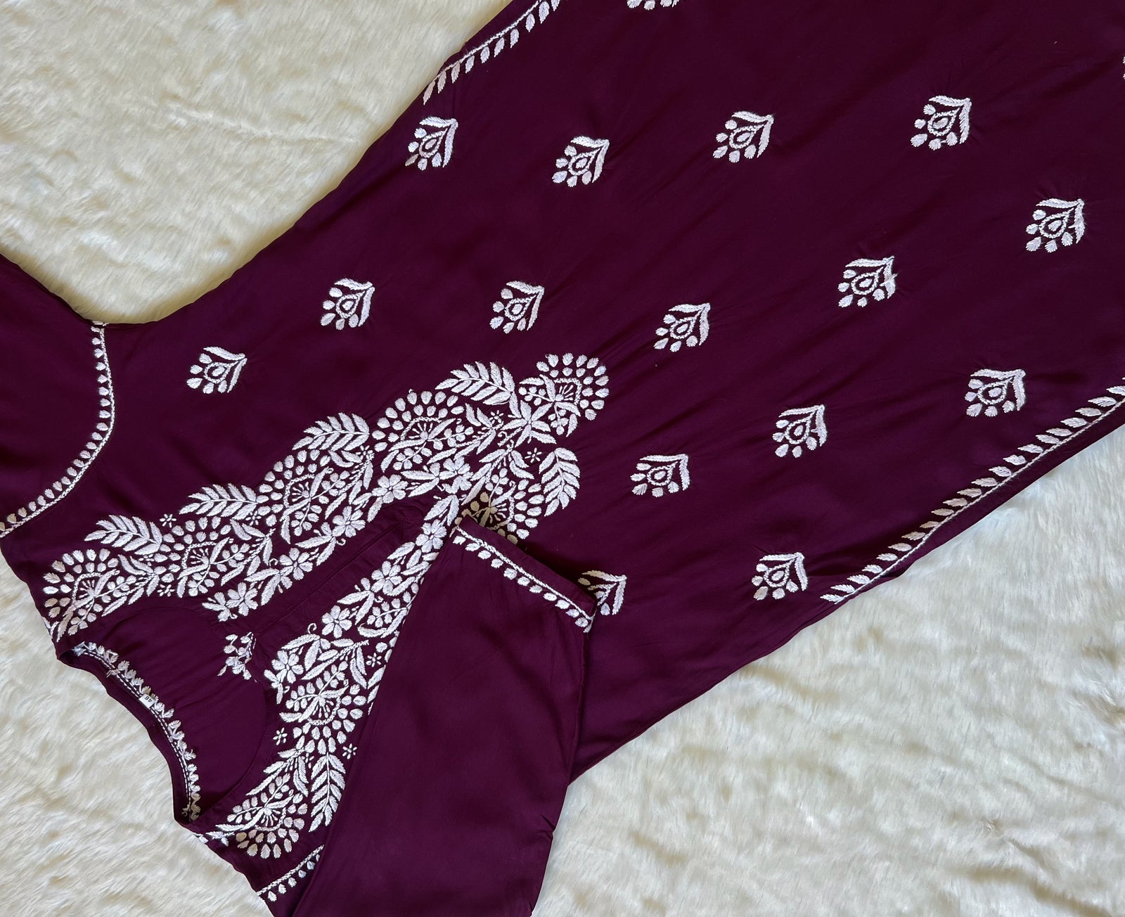 Mahi Wine Long Rayon Chikankari Kurta