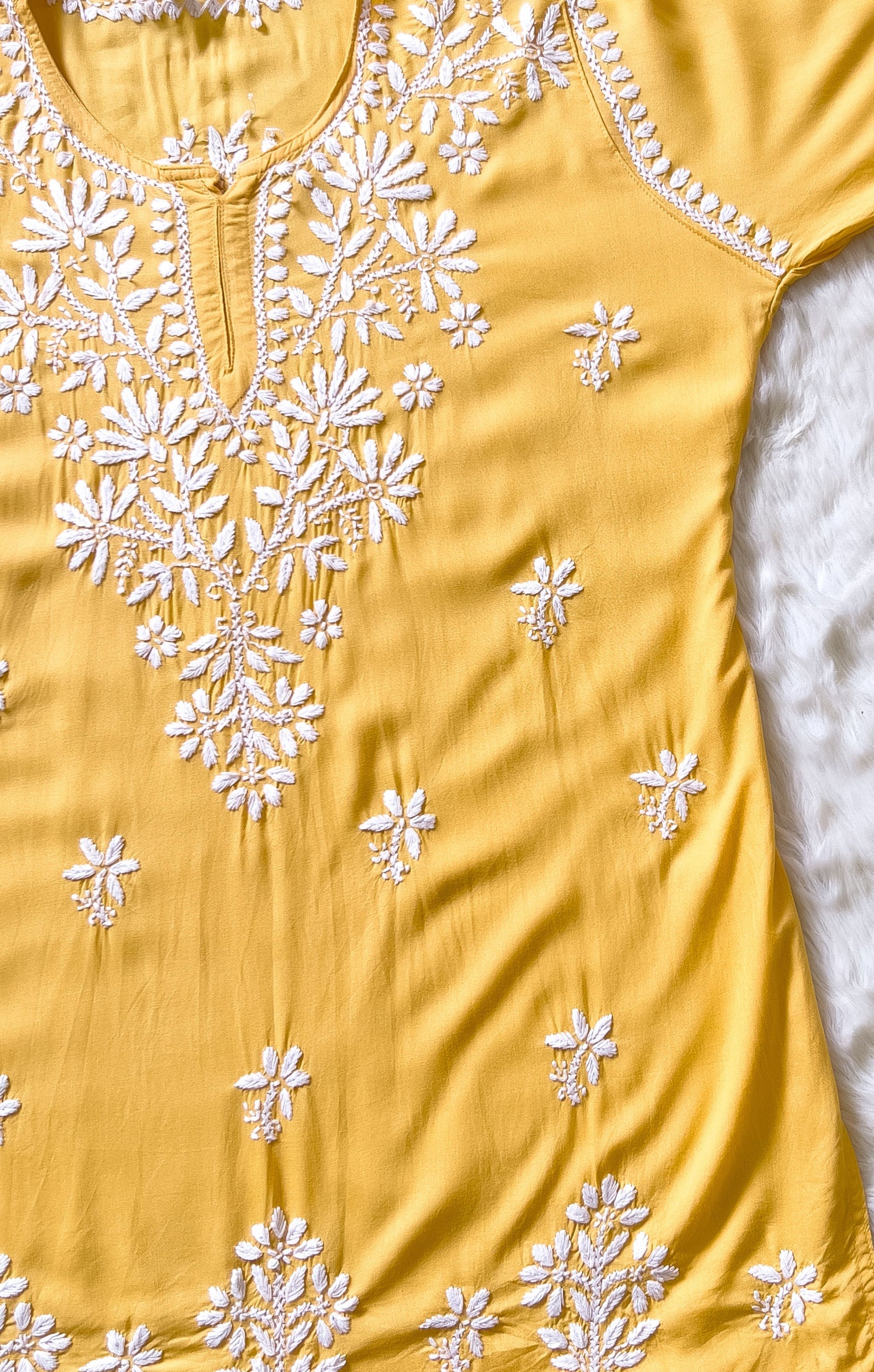 Mango Yellow Short Rayon Kurta with White Chikankari