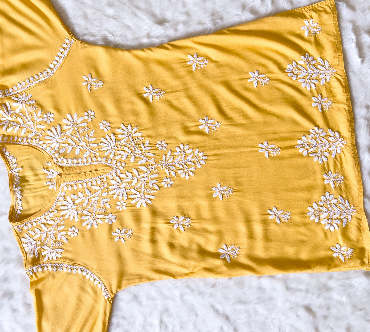 Mango Yellow Short Rayon Kurta with White Chikankari