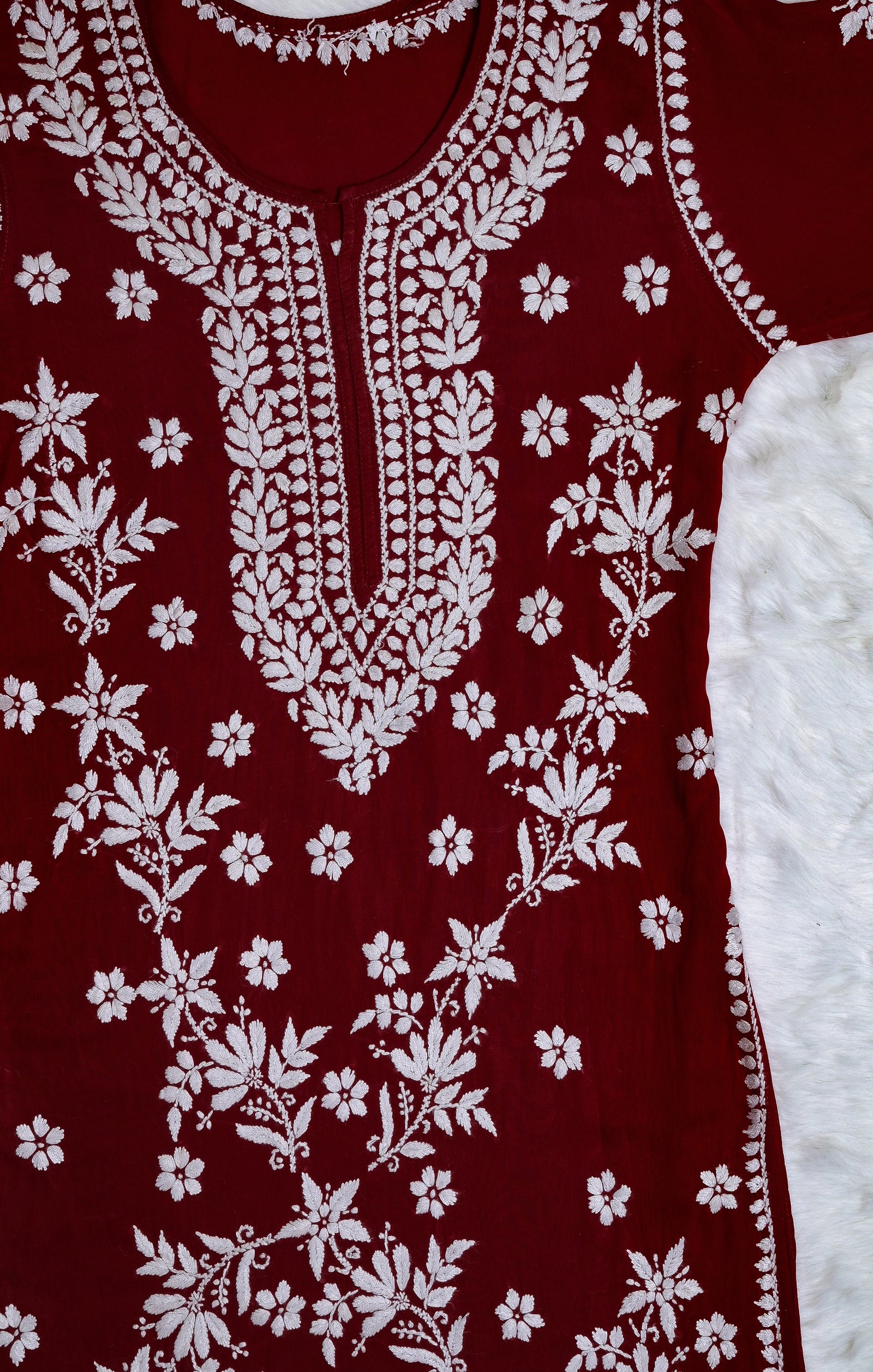 Maroon Long Modal Kurta with White Chikankari