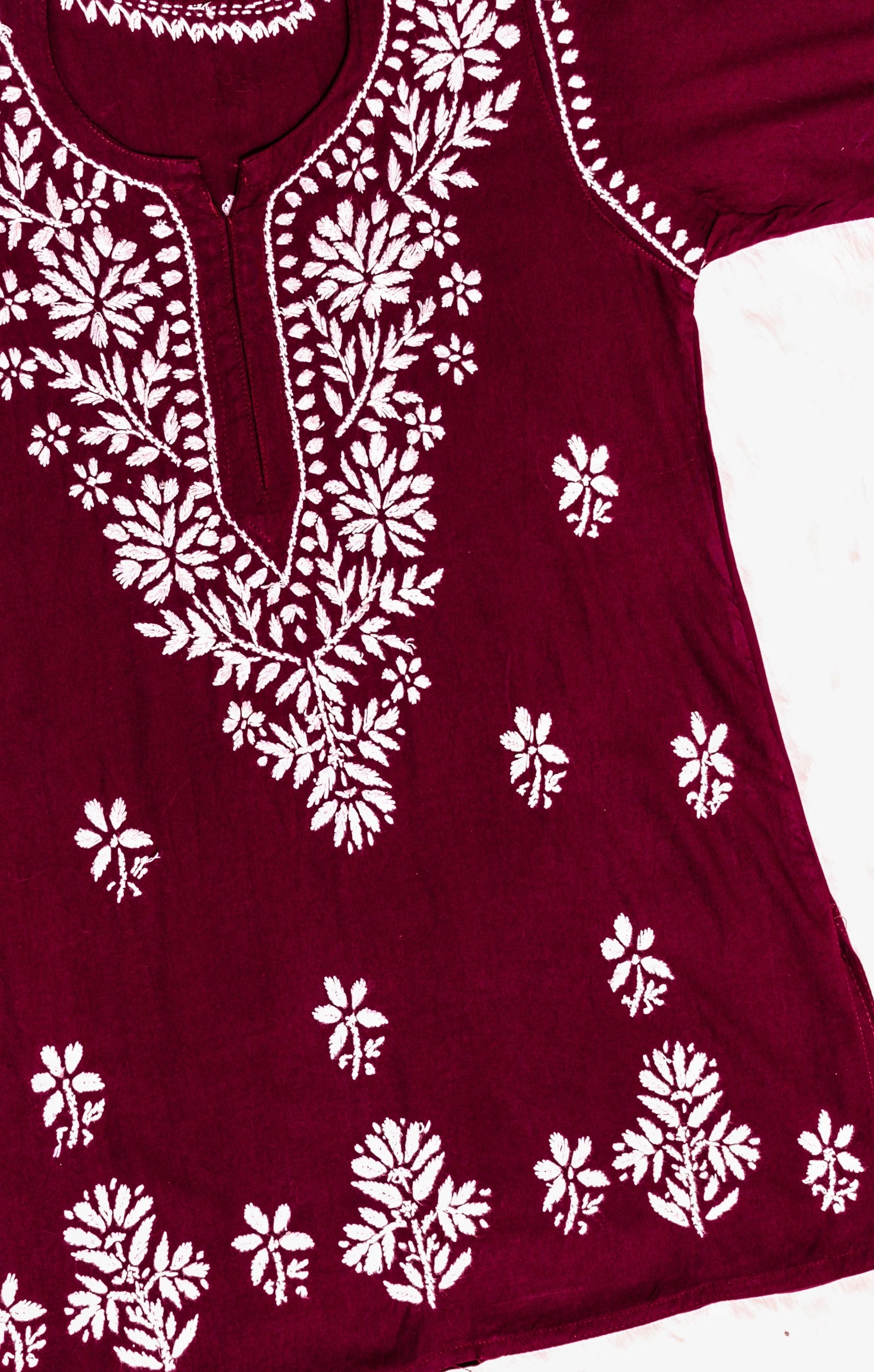 Maroon Short Rayon Kurta with White Chikankari