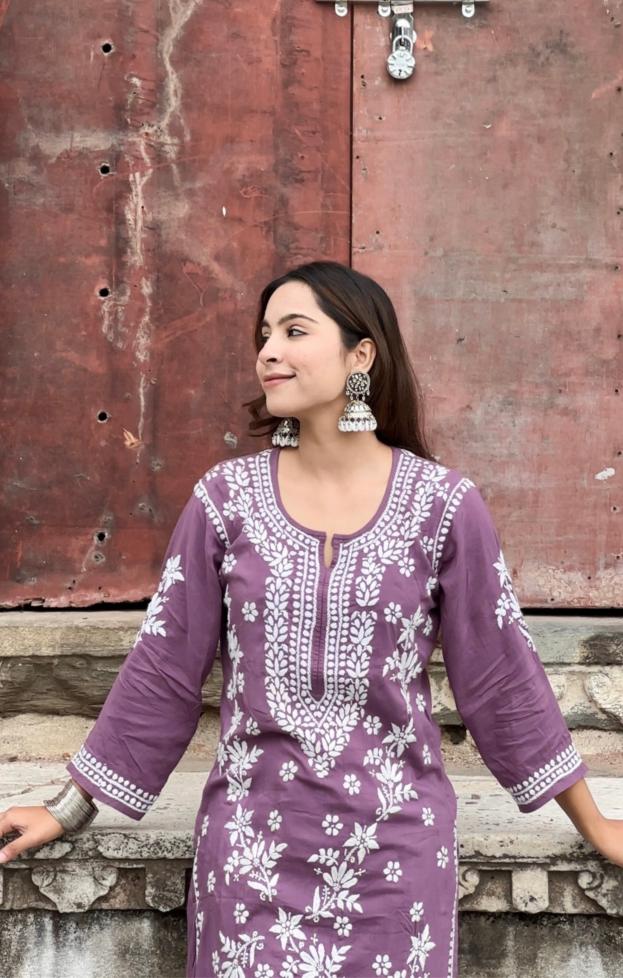 Mauve Purple Long Modal Kurta with White Chikankari