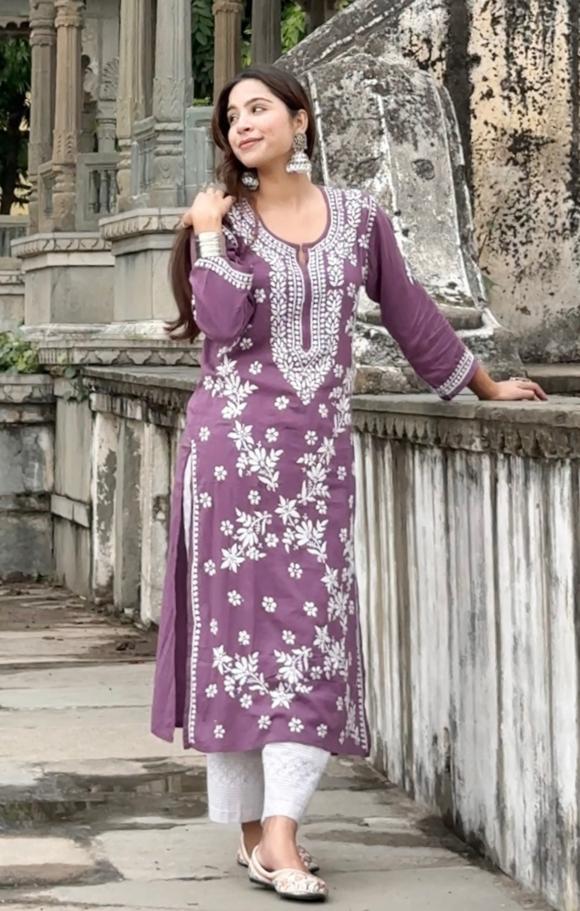 Mauve Purple Long Modal Kurta with White Chikankari