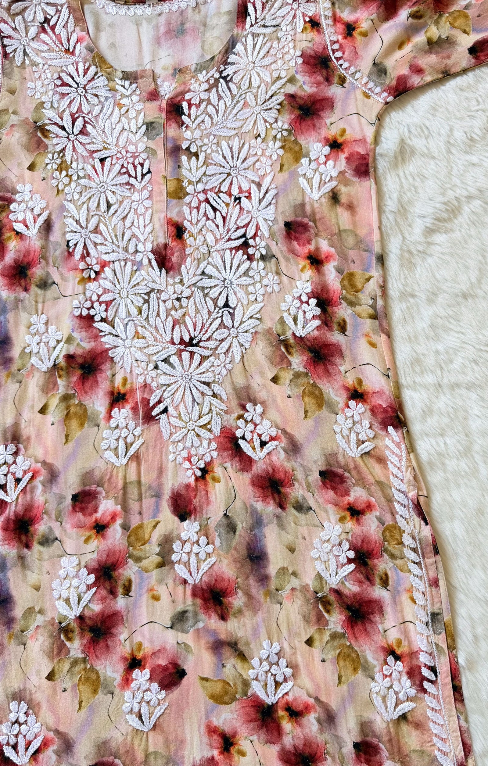 Mehr Blush Pink Rayon Printed Chikankari Kurti