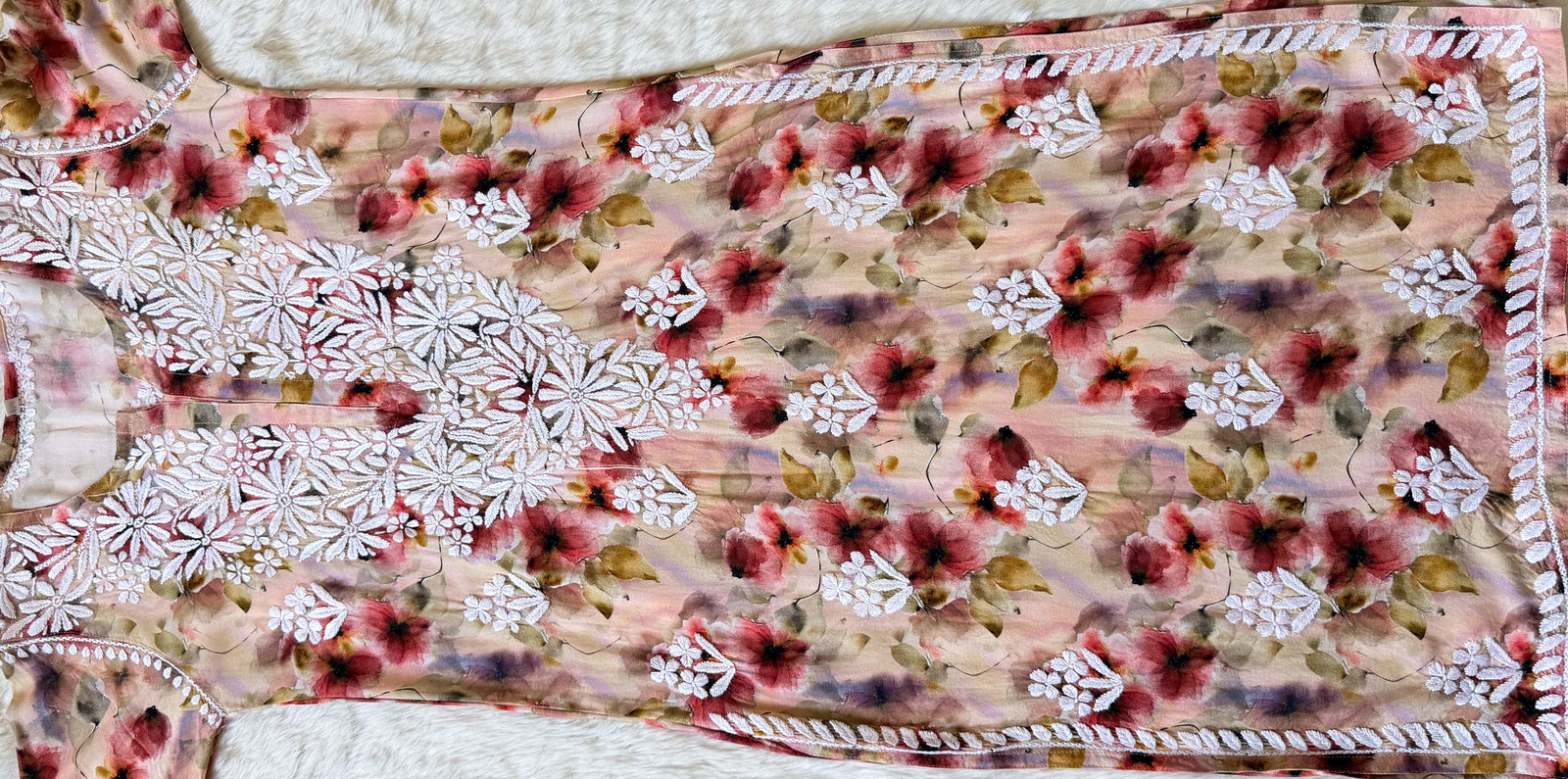 Mehr Blush Pink Rayon Printed Chikankari Kurti