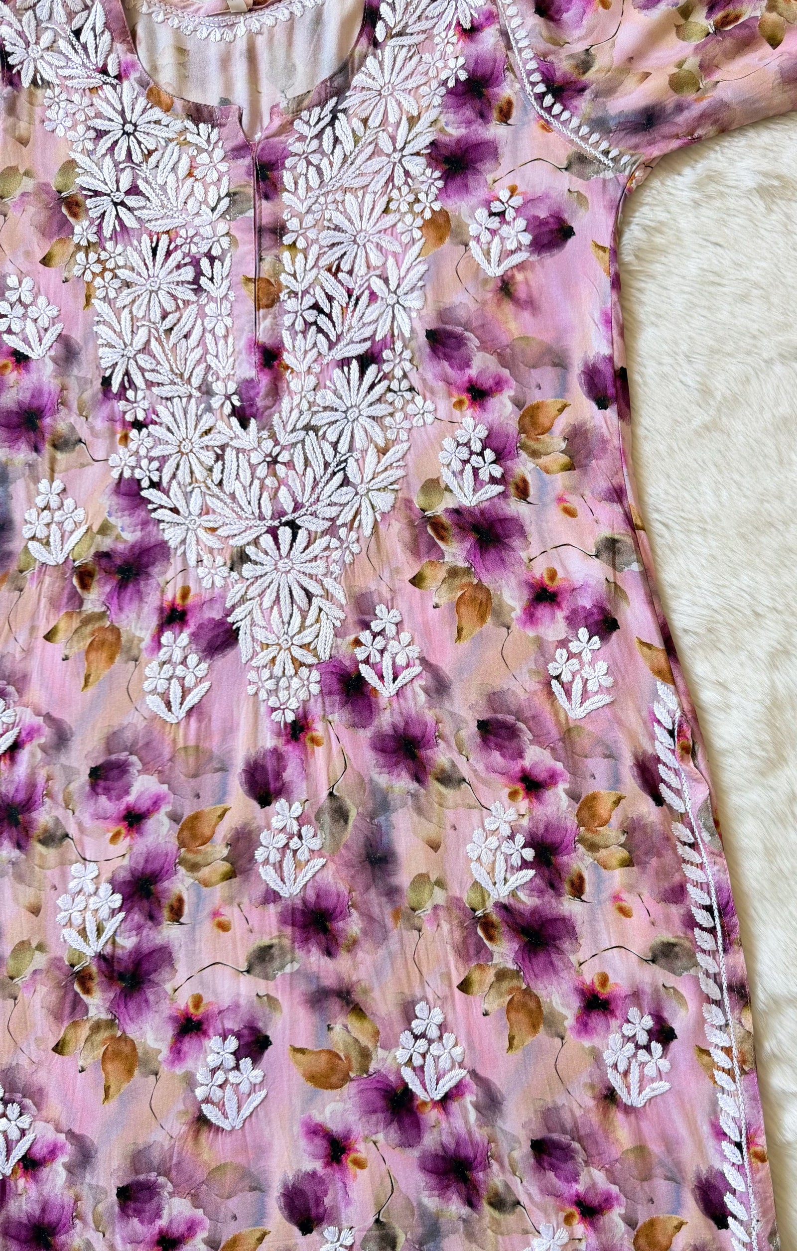 Mehr Orchid Pink Rayon Printed Chikankari Kurti