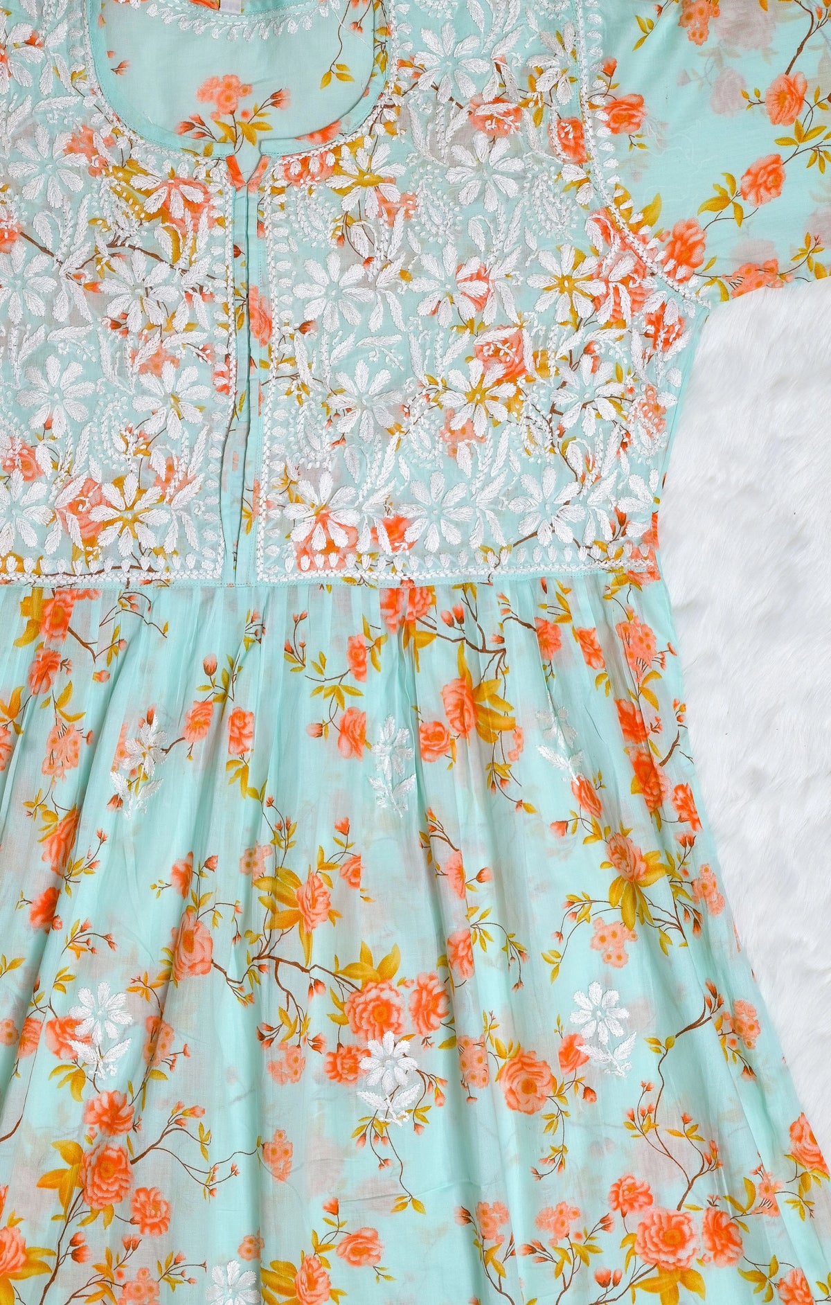 Mint Green &amp; Peach Floral MulMul Chikankari Gown