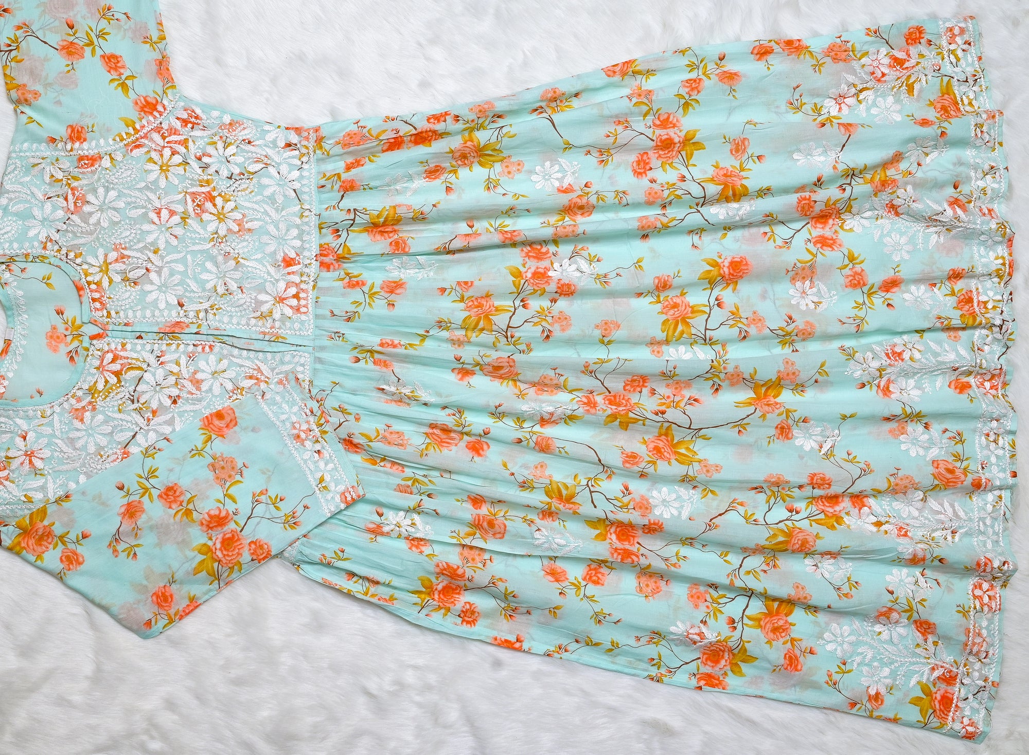 Mint Green & Peach Floral MulMul Chikankari Gown