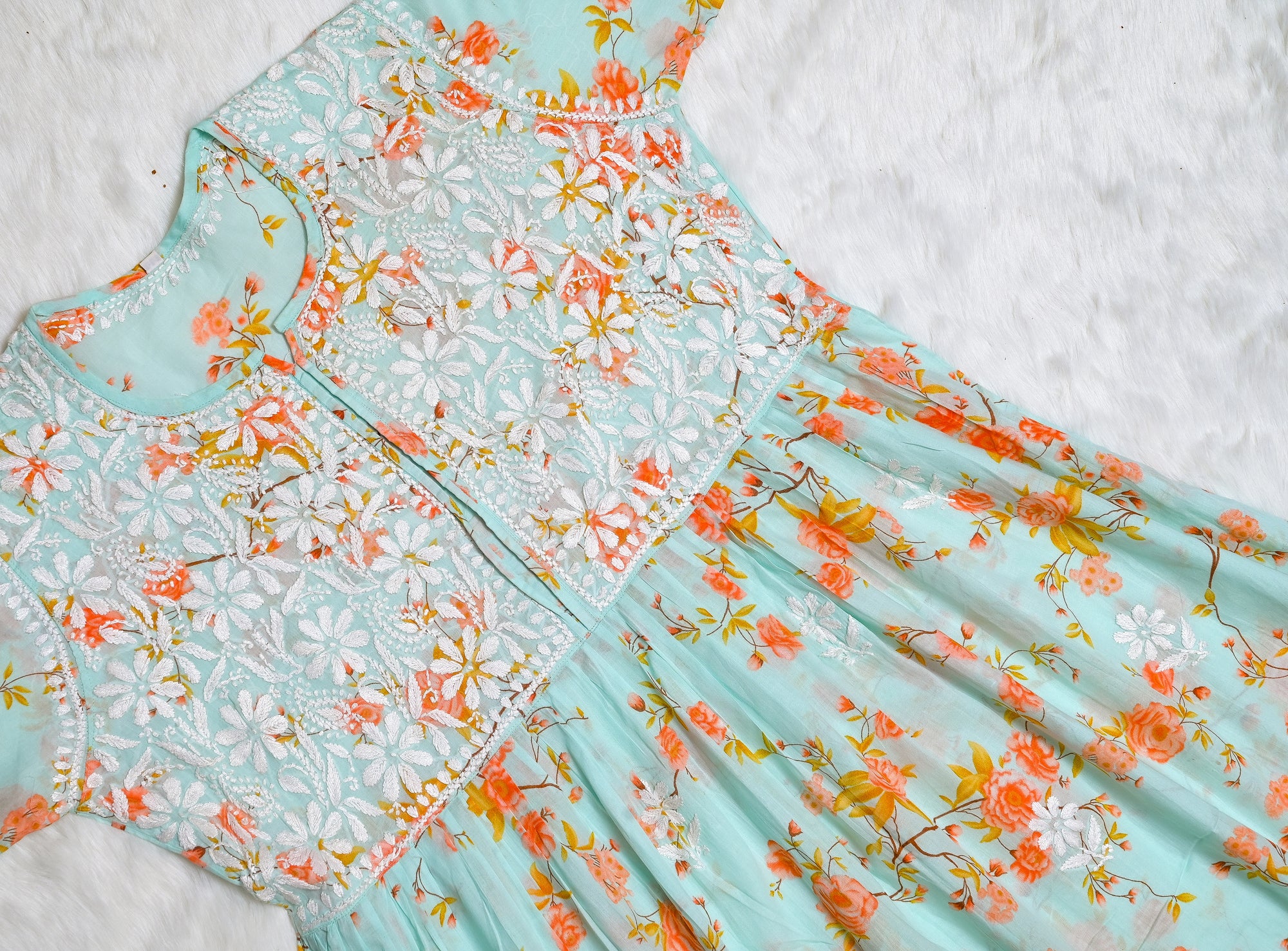 Mint Green & Peach Floral MulMul Chikankari Gown