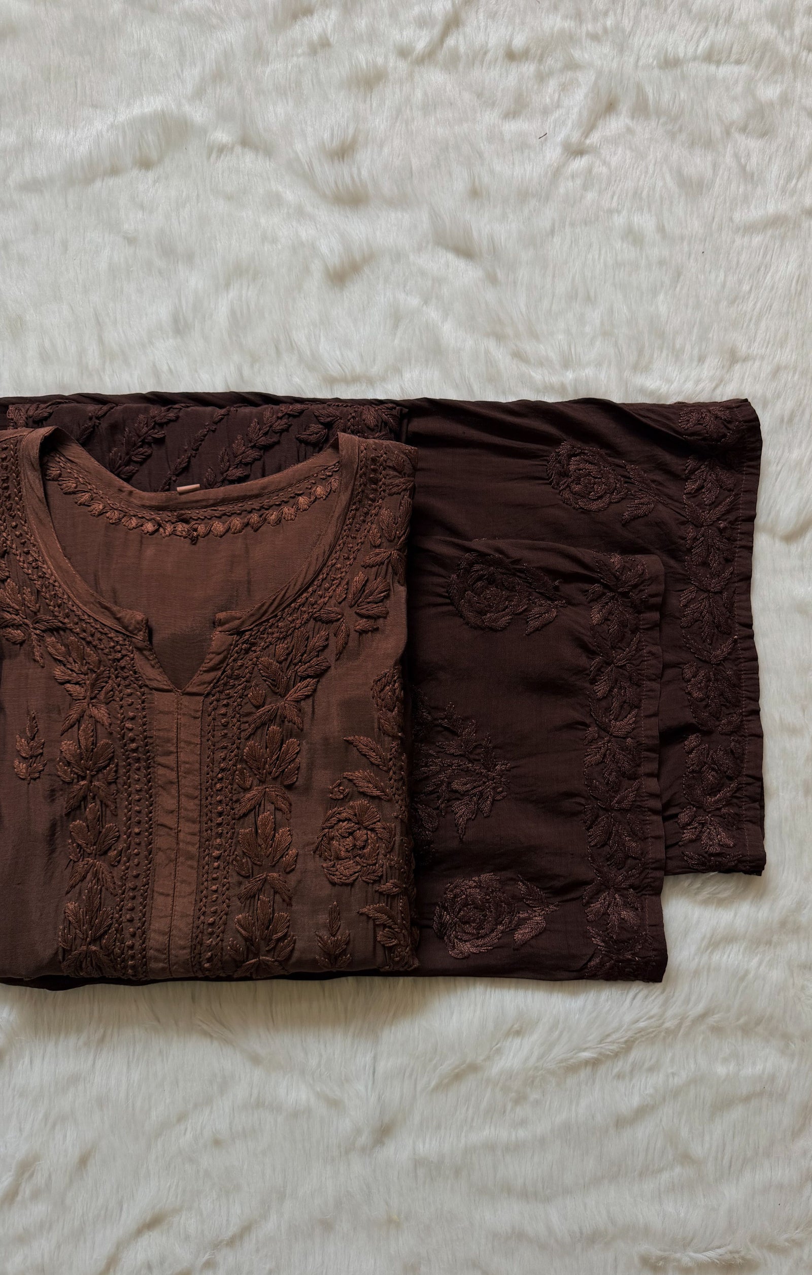 Mira Brown Chikankari Pure Muslin Silk Kurta Bottom Set