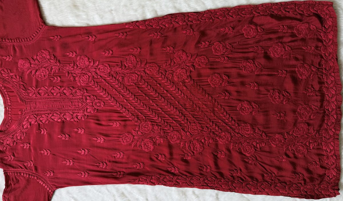 Mira Crimson 3D Chikankari Pure Muslin Silk Kurta Bottom Set