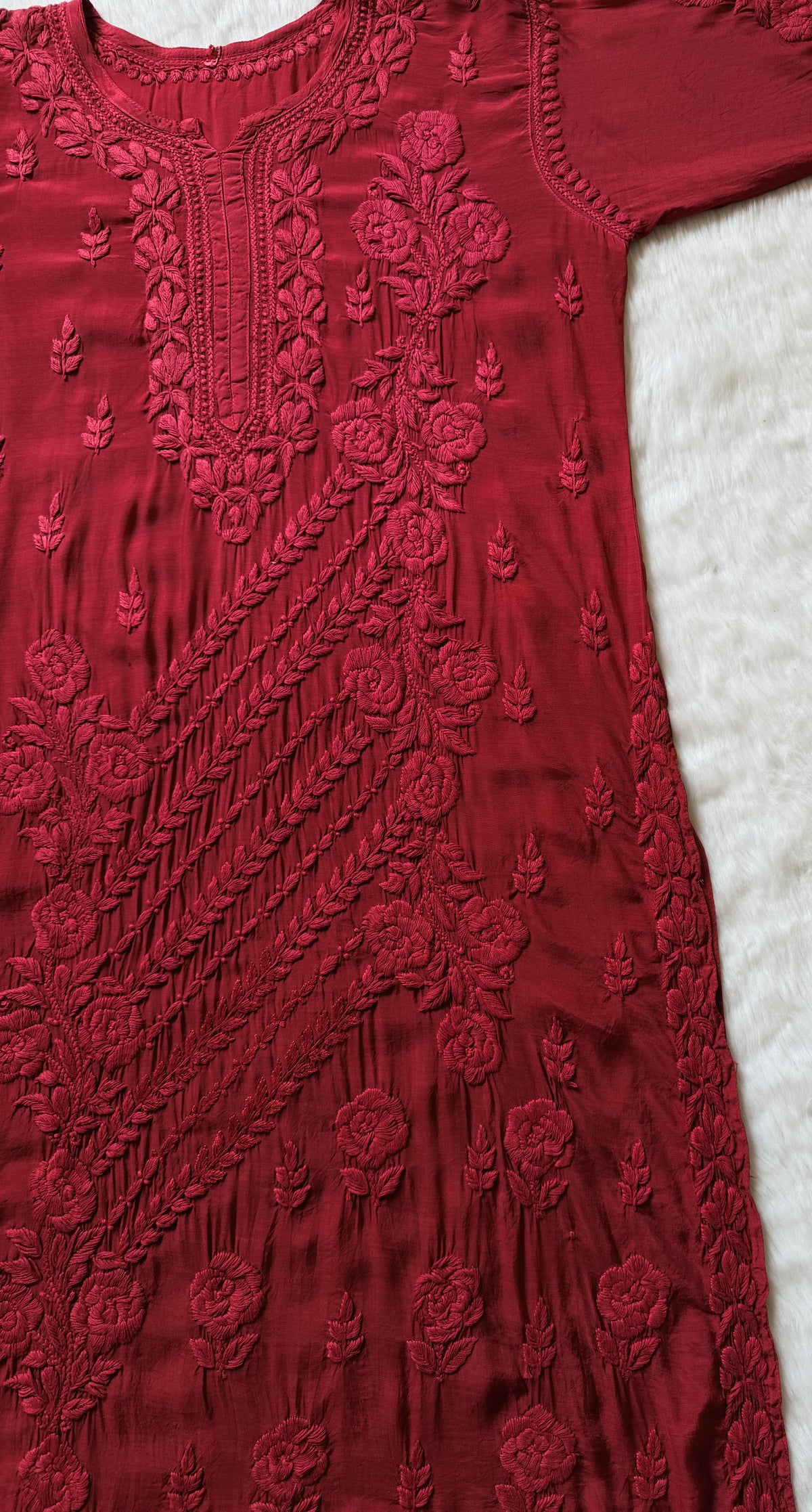 Mira Crimson 3D Chikankari Pure Muslin Silk Kurta Bottom Set