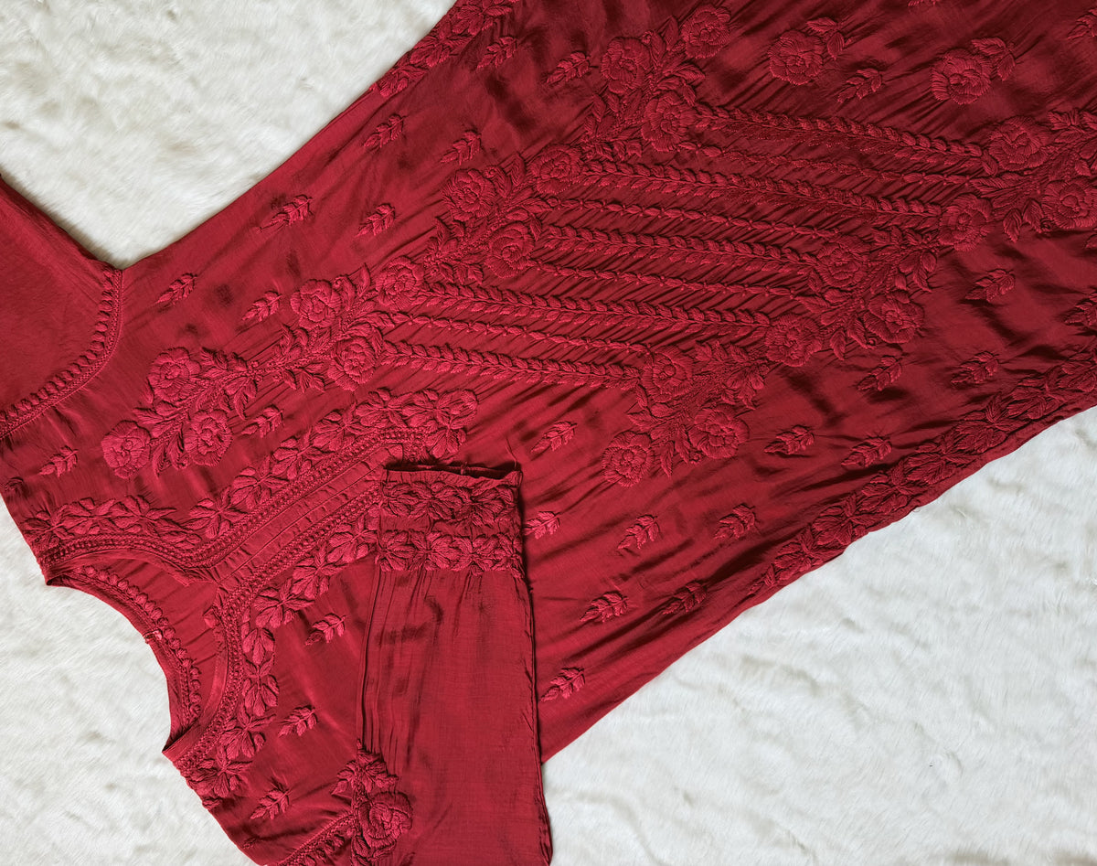Mira Crimson 3D Chikankari Pure Muslin Silk Kurta Bottom Set