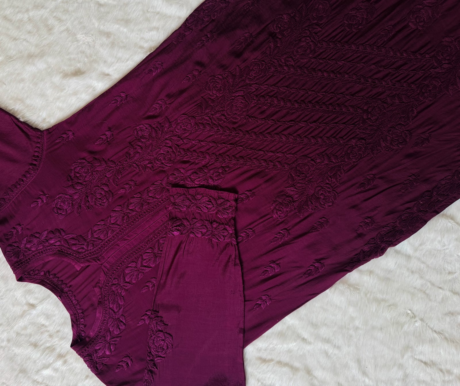 Mira Dark Purple 3D Chikankari Pure Muslin Silk Kurta Bottom Set