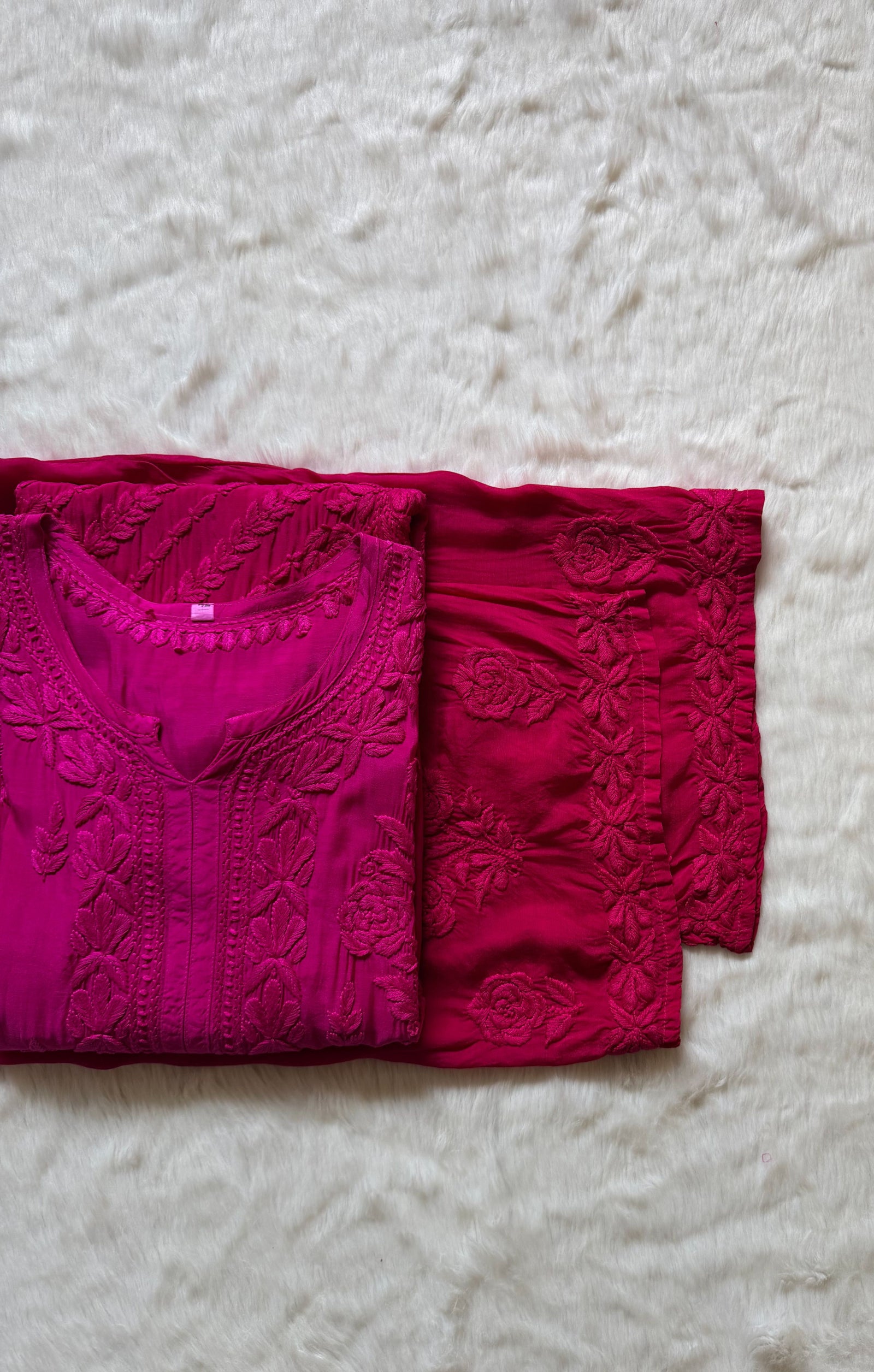 Mira Hot Pink 3D Chikankari Pure Muslin Silk Kurta Bottom Set