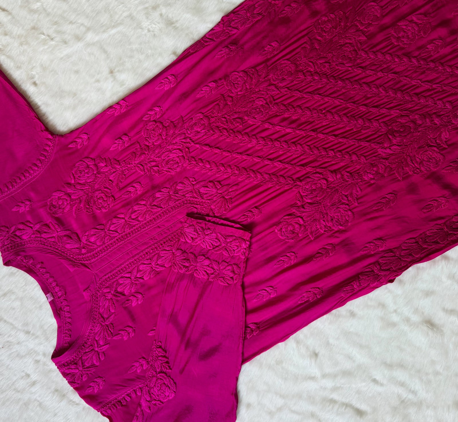 Mira Hot Pink 3D Chikankari Pure Muslin Silk Kurta Bottom Set