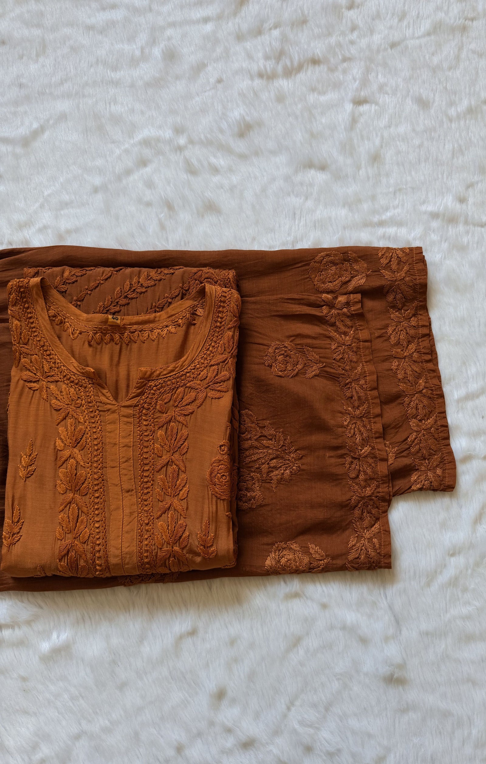 Mira Mustard 3D Chikankari Pure Muslin Silk Kurta Bottom Set