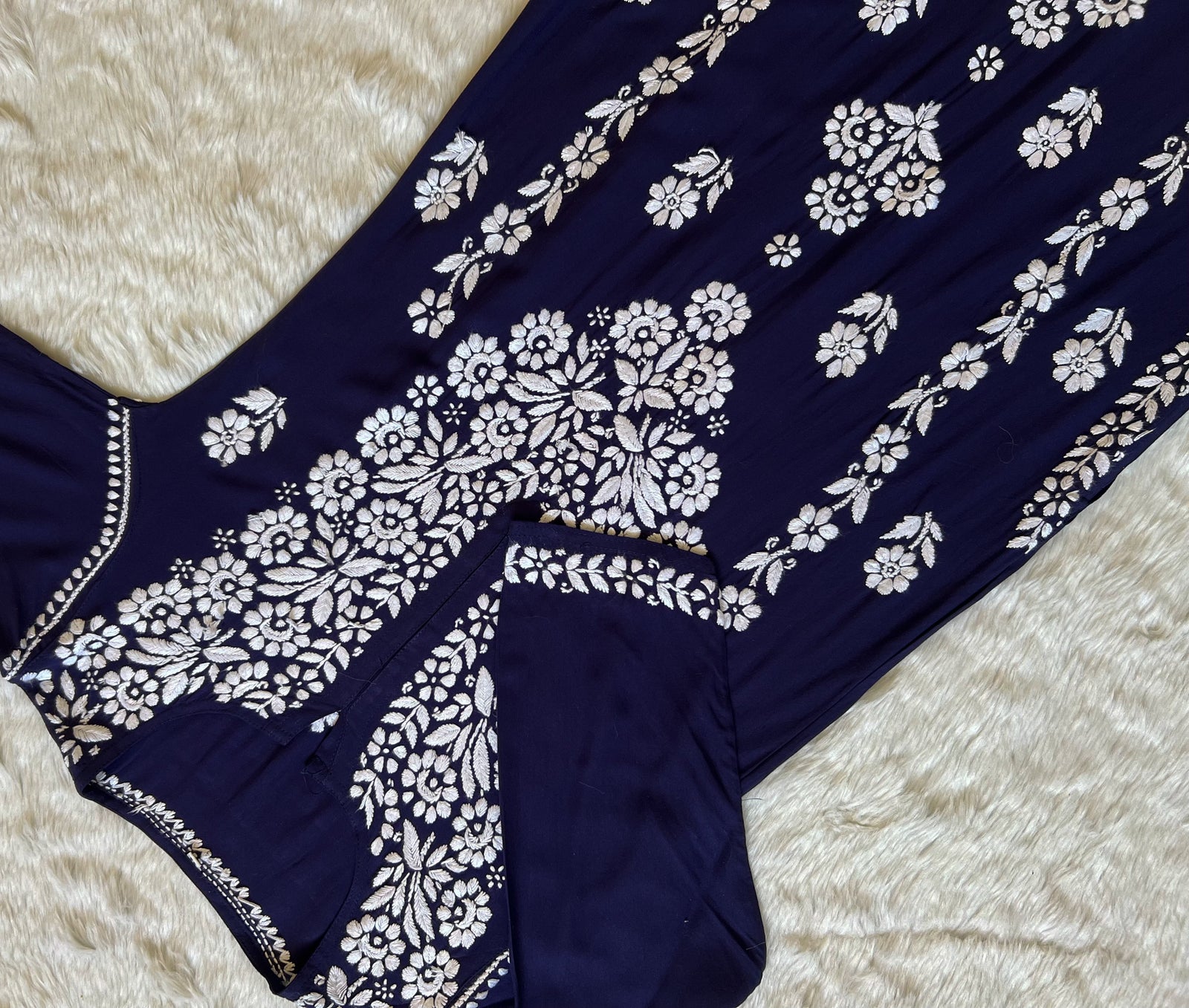 Mira Navy Blue Rayon Chikankari Handwork Set