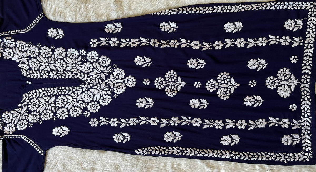 Mira Navy Blue Rayon Chikankari Handwork Set