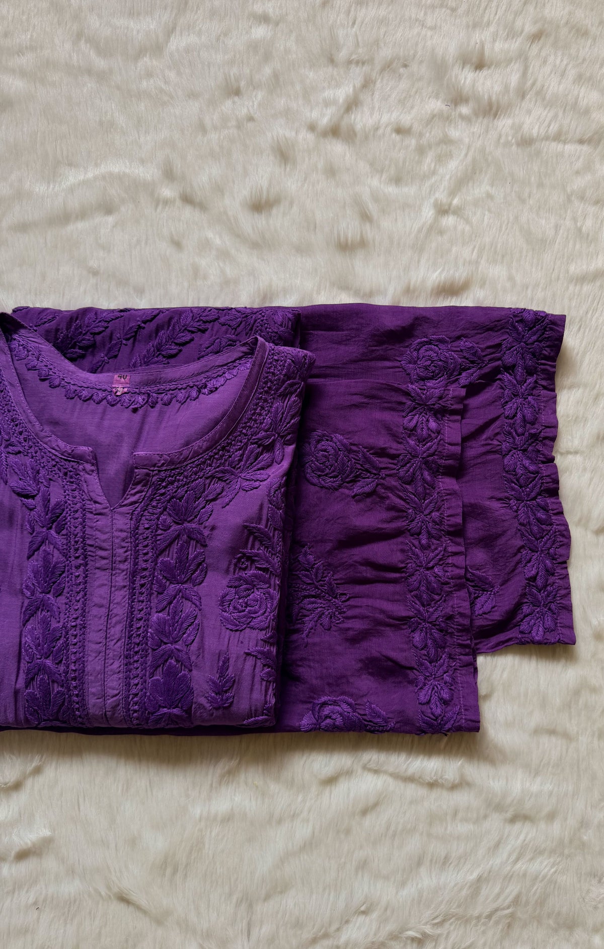 Mira Purple 3D Chikankari Pure Muslin Silk Kurta Bottom Set