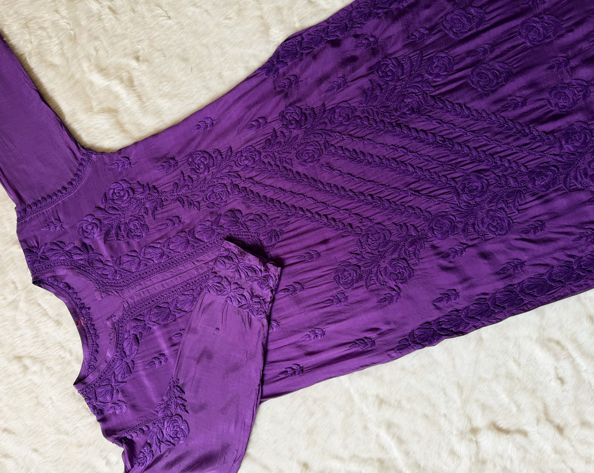 Mira Purple 3D Chikankari Pure Muslin Silk Kurta Bottom Set
