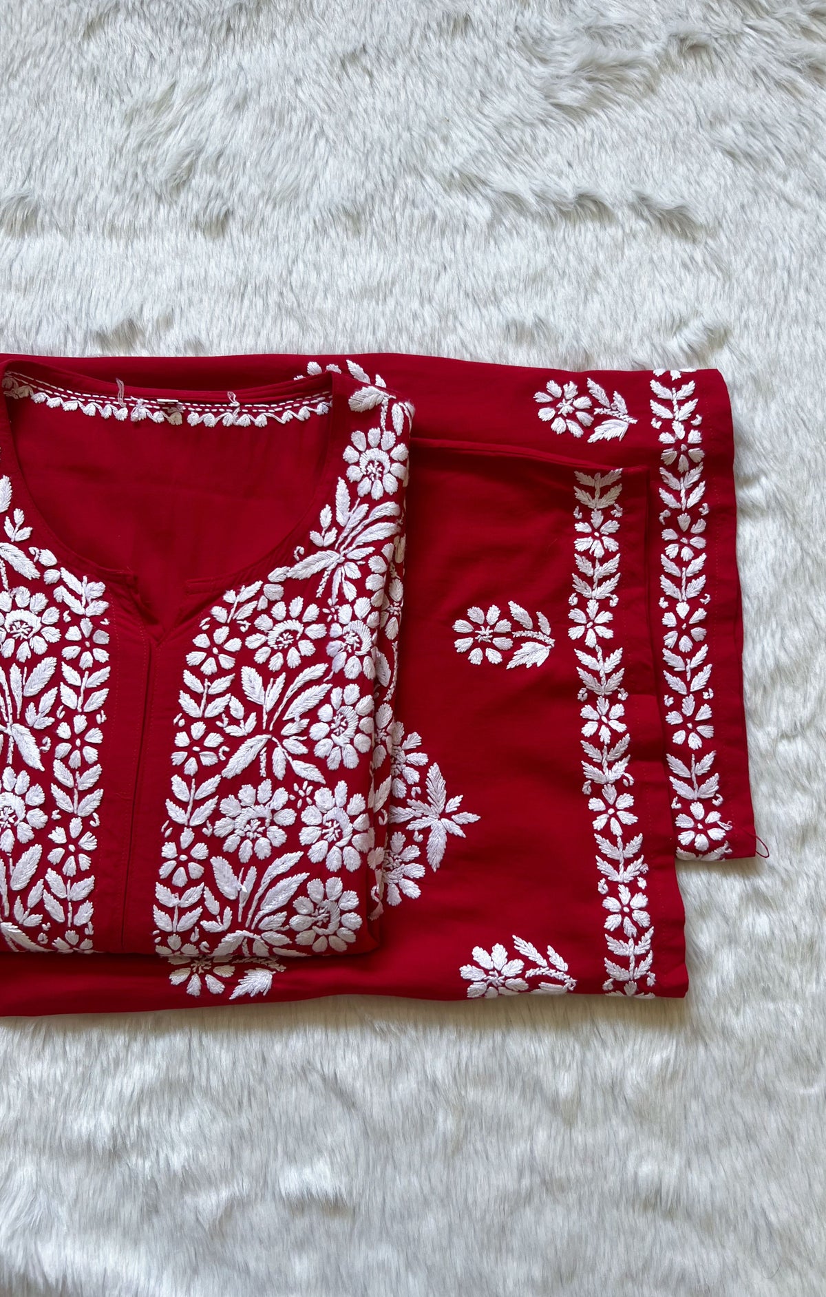 Mira Red Rayon Chikankari Handwork Set
