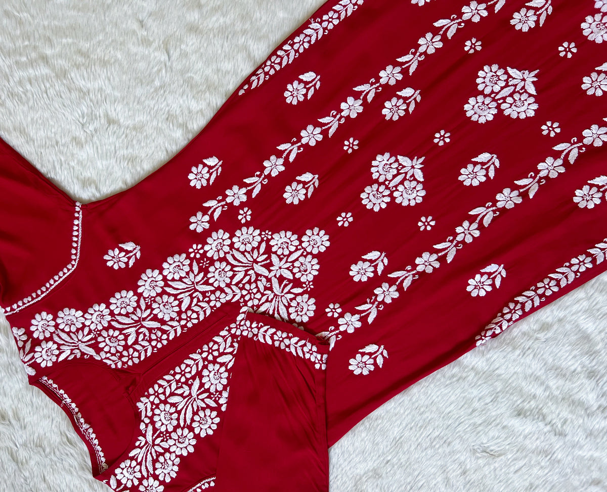 Mira Red Rayon Chikankari Handwork Set