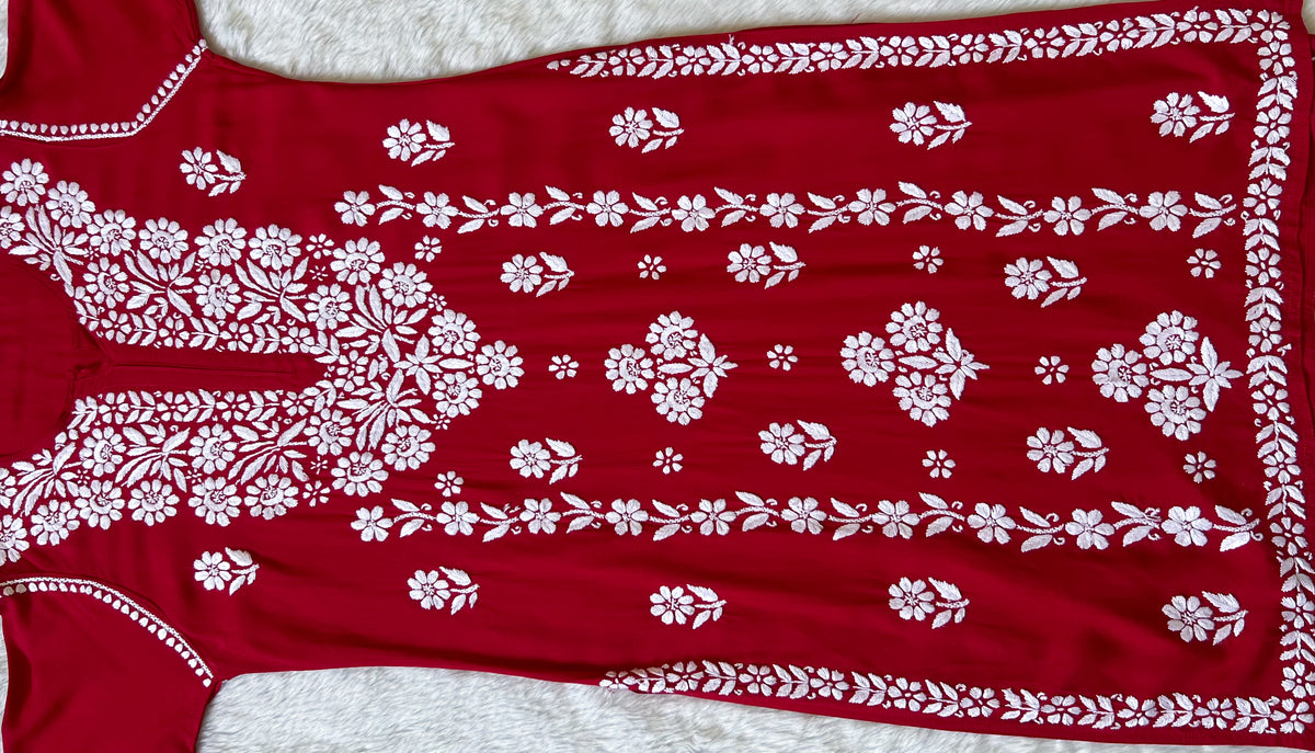 Mira Red Rayon Chikankari Handwork Set