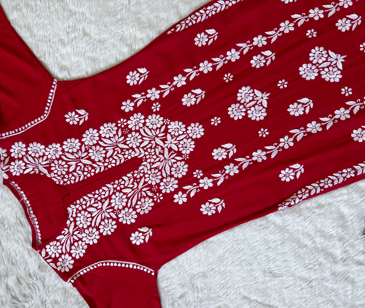 Mira Red Rayon Chikankari Handwork Set