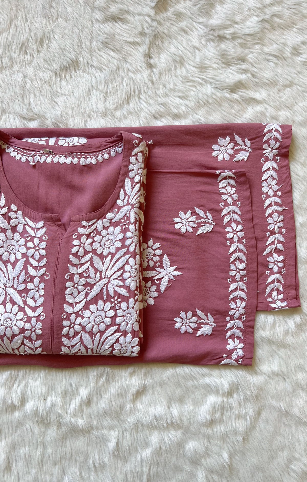 Mira Rose Pink Rayon Chikankari Handwork Set