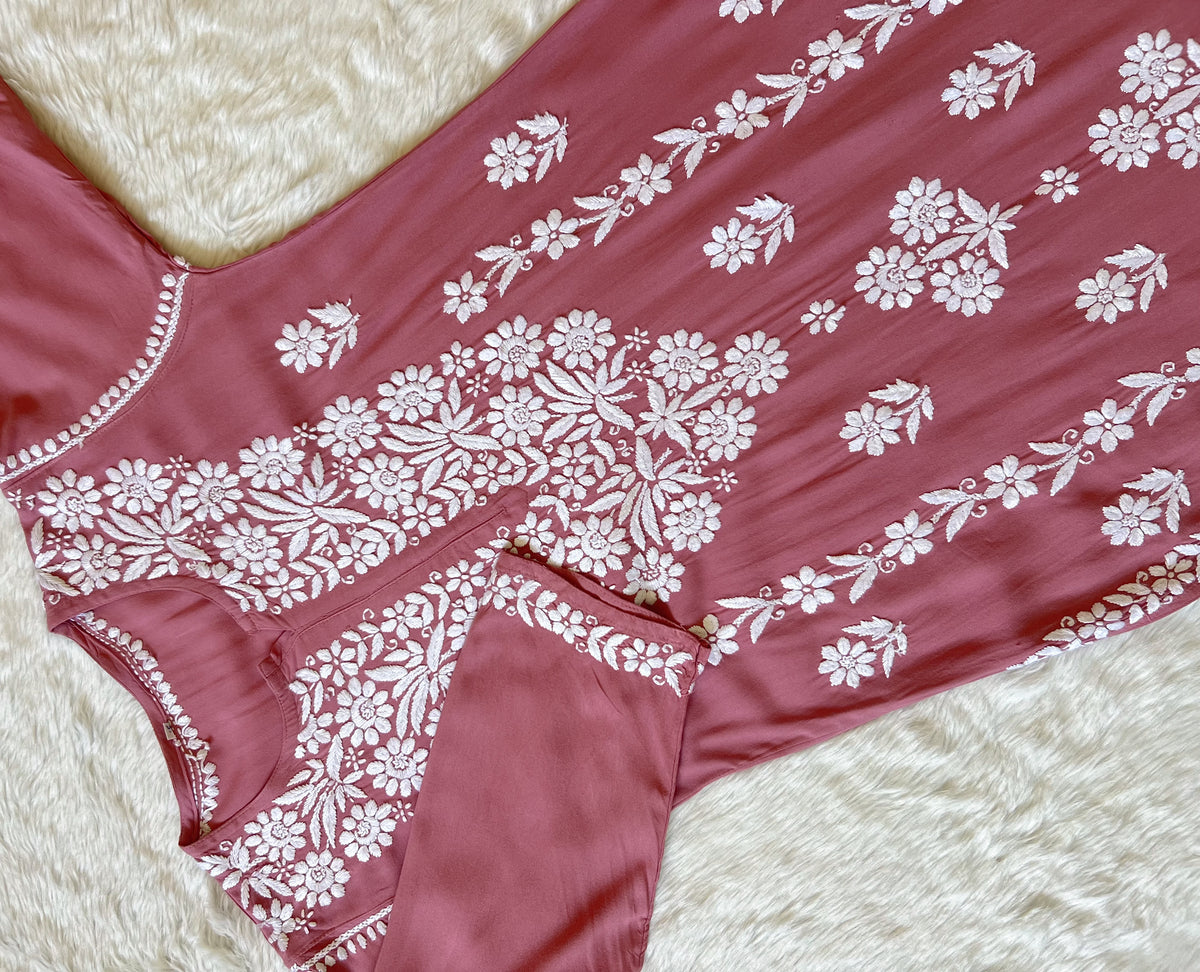 Mira Rose Pink Rayon Chikankari Handwork Set
