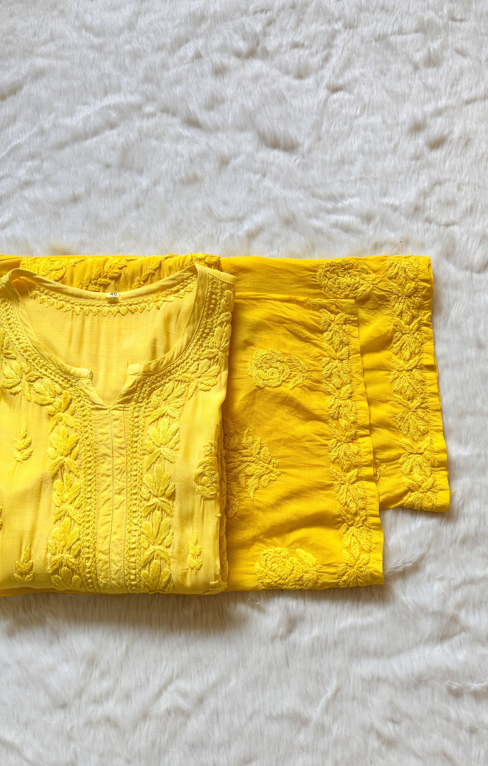 Mira Yellow 3D Chikankari Pure Muslin Silk Kurta Bottom Set