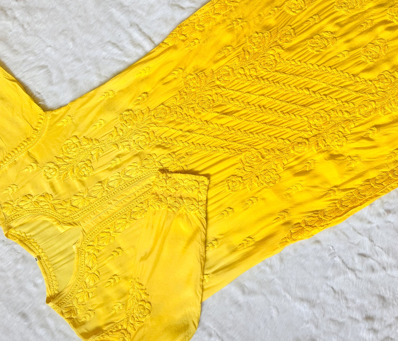 Mira Yellow 3D Chikankari Pure Muslin Silk Kurta Bottom Set