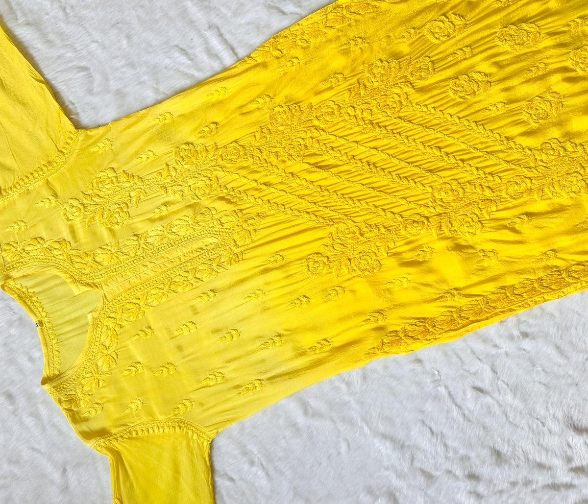 Mira Yellow 3D Chikankari Pure Muslin Silk Kurta Bottom Set