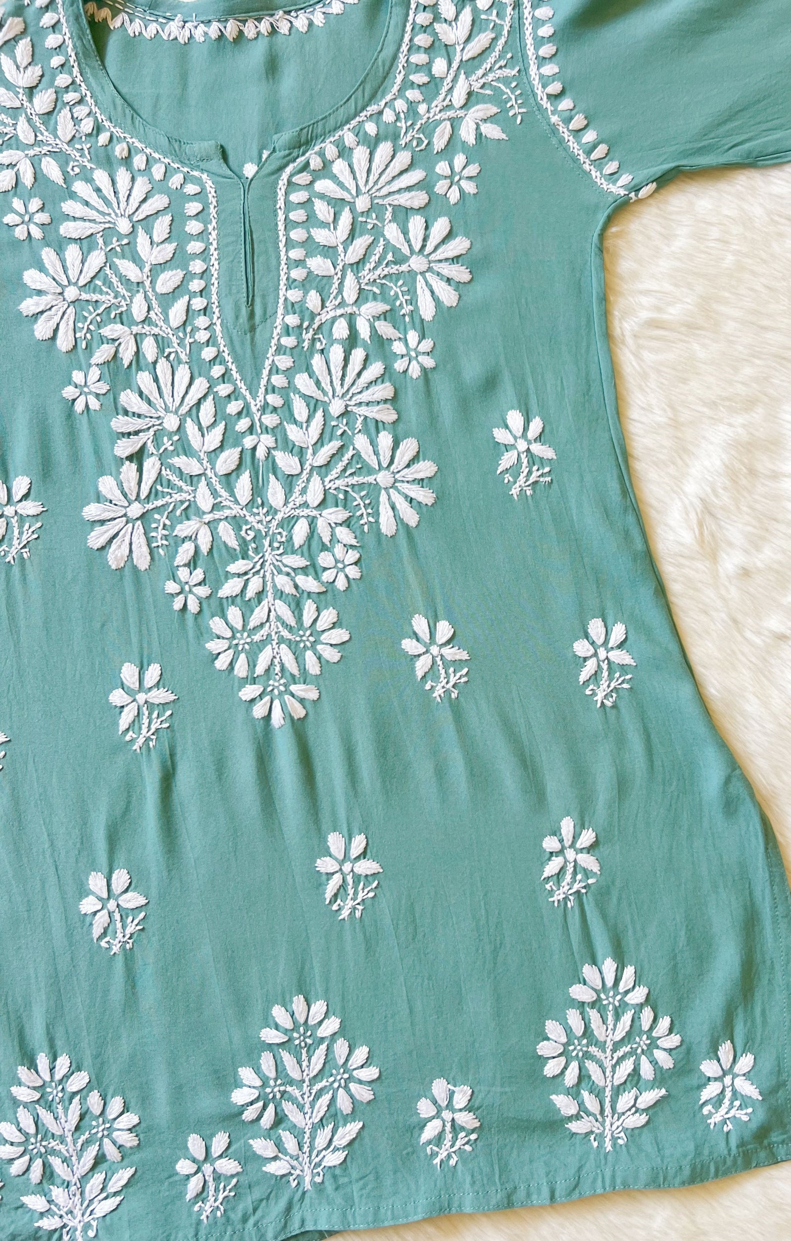 Misty Teal Short Rayon Kurta with White Chikankari