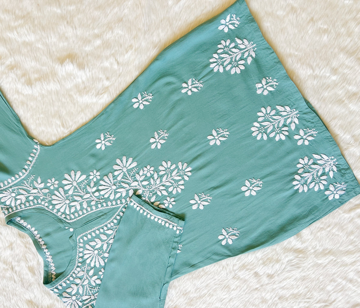 Misty Teal Short Rayon Kurta with White Chikankari